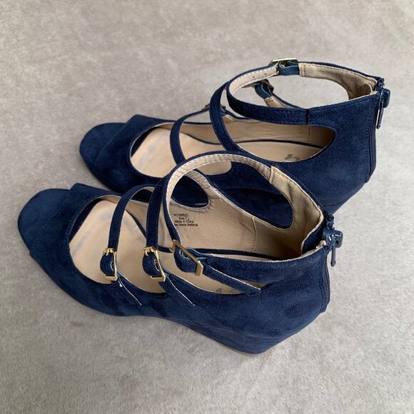 Journee Collection Navy Blue Microsuede Strappy Demi Wedges - Picture 7 of 16